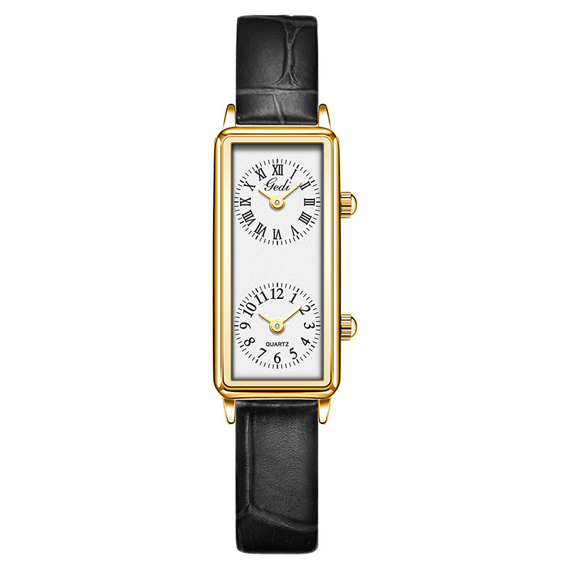 Creative Double Time Zone Business Niche Retro Rectangular High Sense Double Inserts Women's Quartz Watch - Image 8