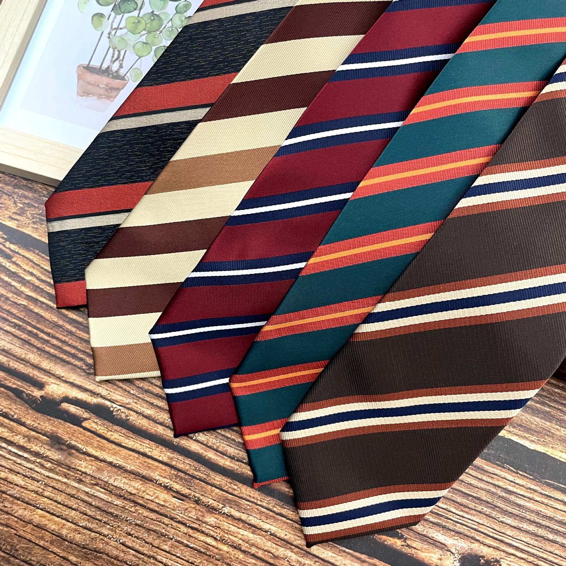 Retro Coffee Color Orange Red Striped Tie Hand Hit 8CM Men - Image 2