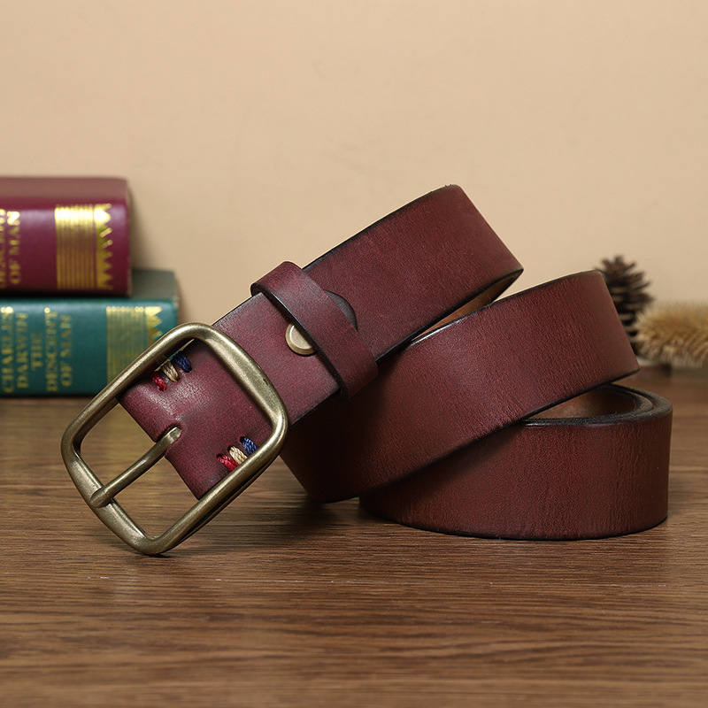 Thick Pure Copper Pin Buckle Male Genuine Cattlehide Leather Surface Retro Belt - Image 3