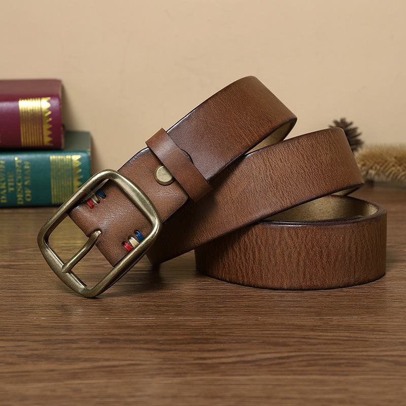 Thick Pure Copper Pin Buckle Male Genuine Cattlehide Leather Surface Retro Belt - Image 5