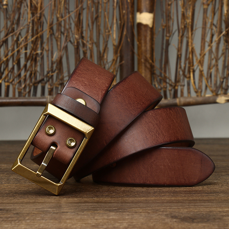 Thick First Layer Cowhide Brass Buckle Belt For Men - Image 2