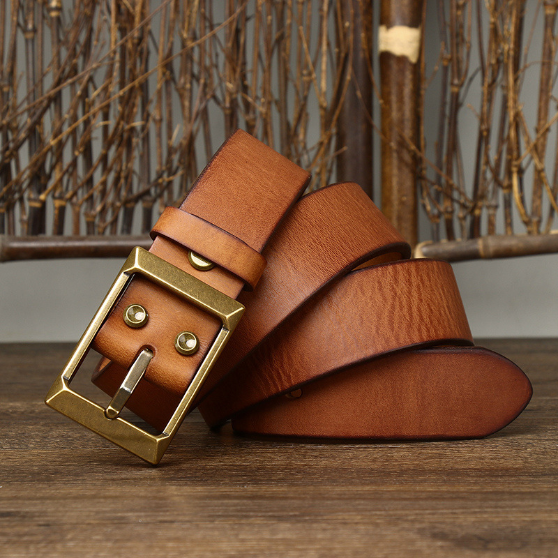 Thick First Layer Cowhide Brass Buckle Belt For Men - Image 4