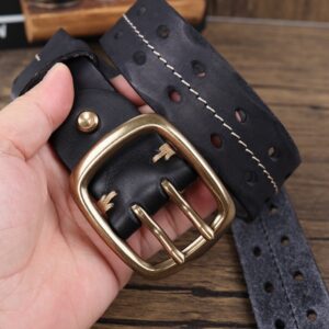 Retro Personalized Double Needle Brass Buckle First Layer Cowhide Stitching Men's Leather Belt