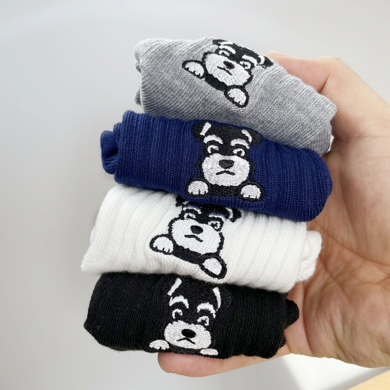 Middle Tube Pure Cotton Breathable Sweat Absorbing Schnauzer Embroidered Cute Cartoon Socks - Image 2