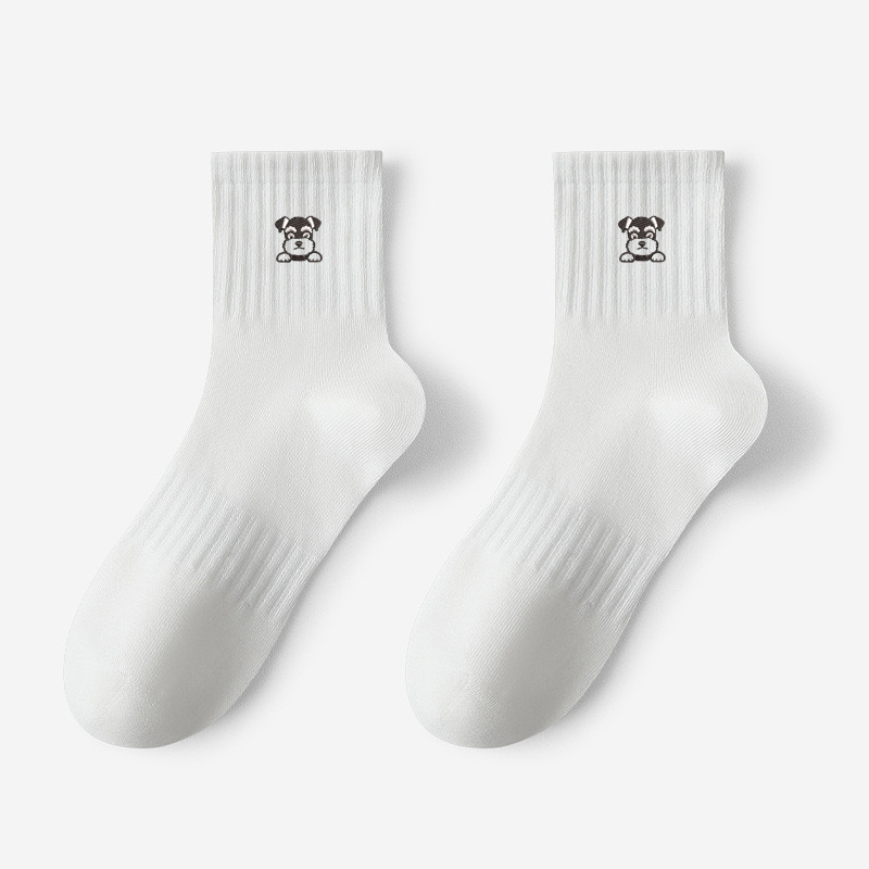 Middle Tube Pure Cotton Breathable Sweat Absorbing Schnauzer Embroidered Cute Cartoon Socks - Image 3
