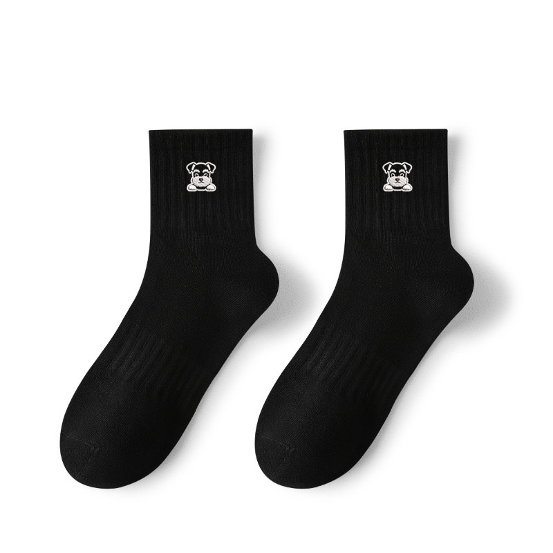 Middle Tube Pure Cotton Breathable Sweat Absorbing Schnauzer Embroidered Cute Cartoon Socks - Image 4