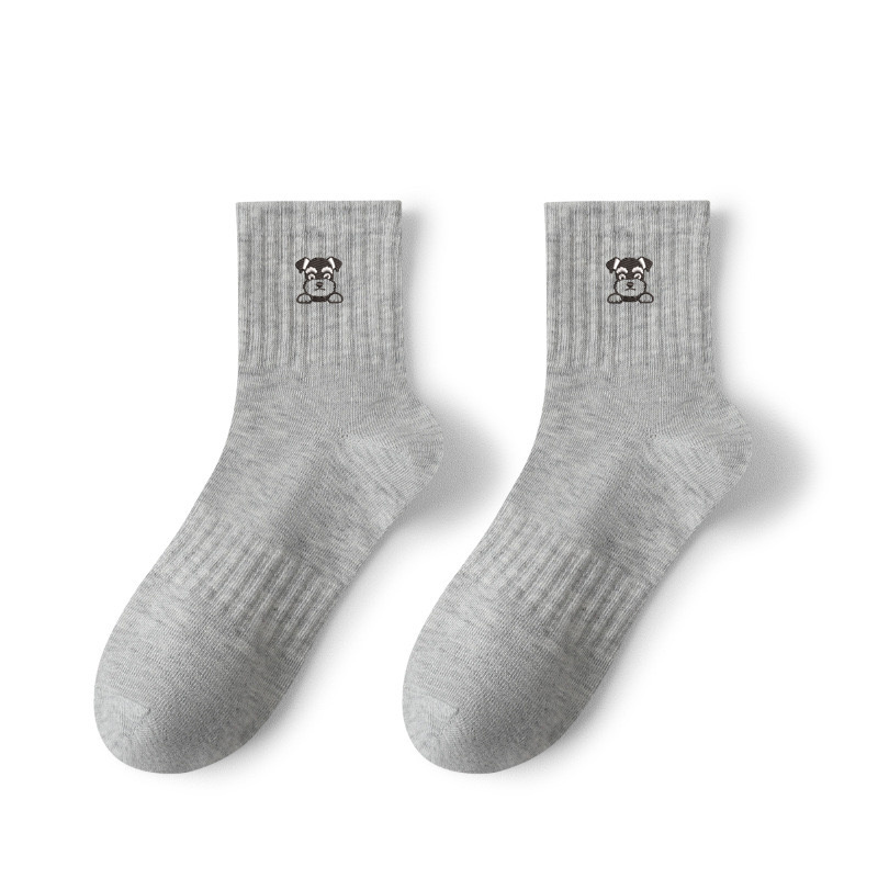 Middle Tube Pure Cotton Breathable Sweat Absorbing Schnauzer Embroidered Cute Cartoon Socks - Image 5