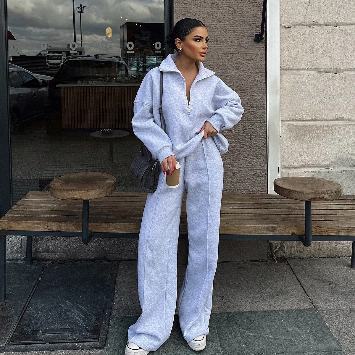 Casual Women's Fashion Half-zip Hoodie And Pants Two-piece Set Loose Casual Autumn And Winter Outfit