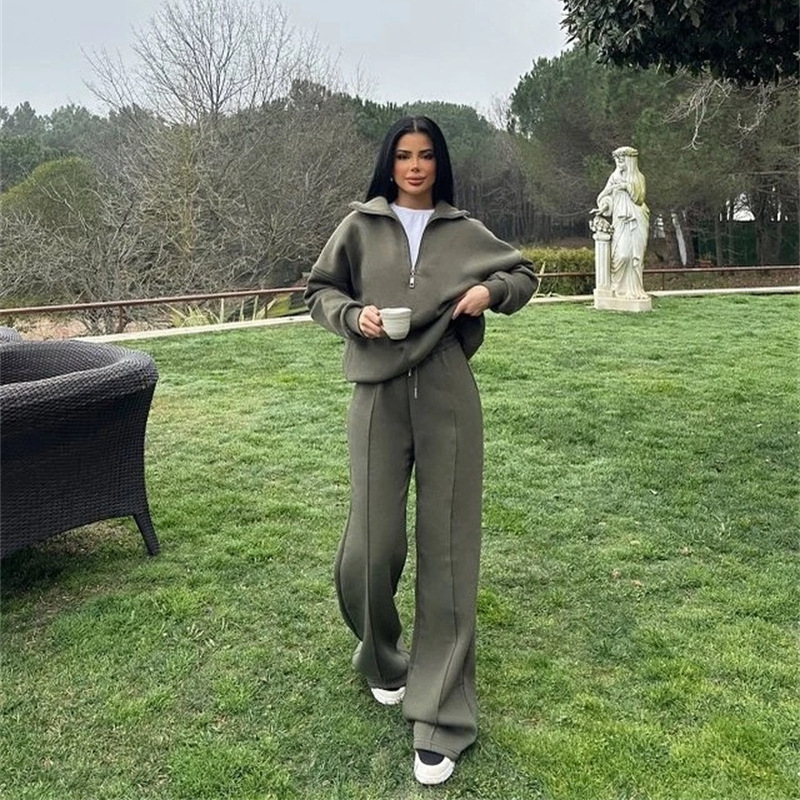 Casual Women's Fashion Half-zip Hoodie And Pants Two-piece Set Loose Casual Autumn And Winter Outfit - Image 3