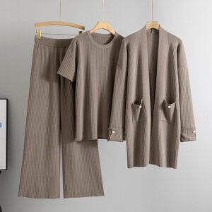 Elegant Knitted Mid-length Cardigan Coat Wide Leg Pants Three-piece Set