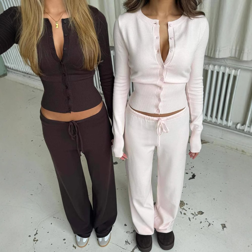 Pure Desire Knitted Slim-fit Buttoned Long Sleeve Low Waist Casual Trousers Two-piece Set - Image 2