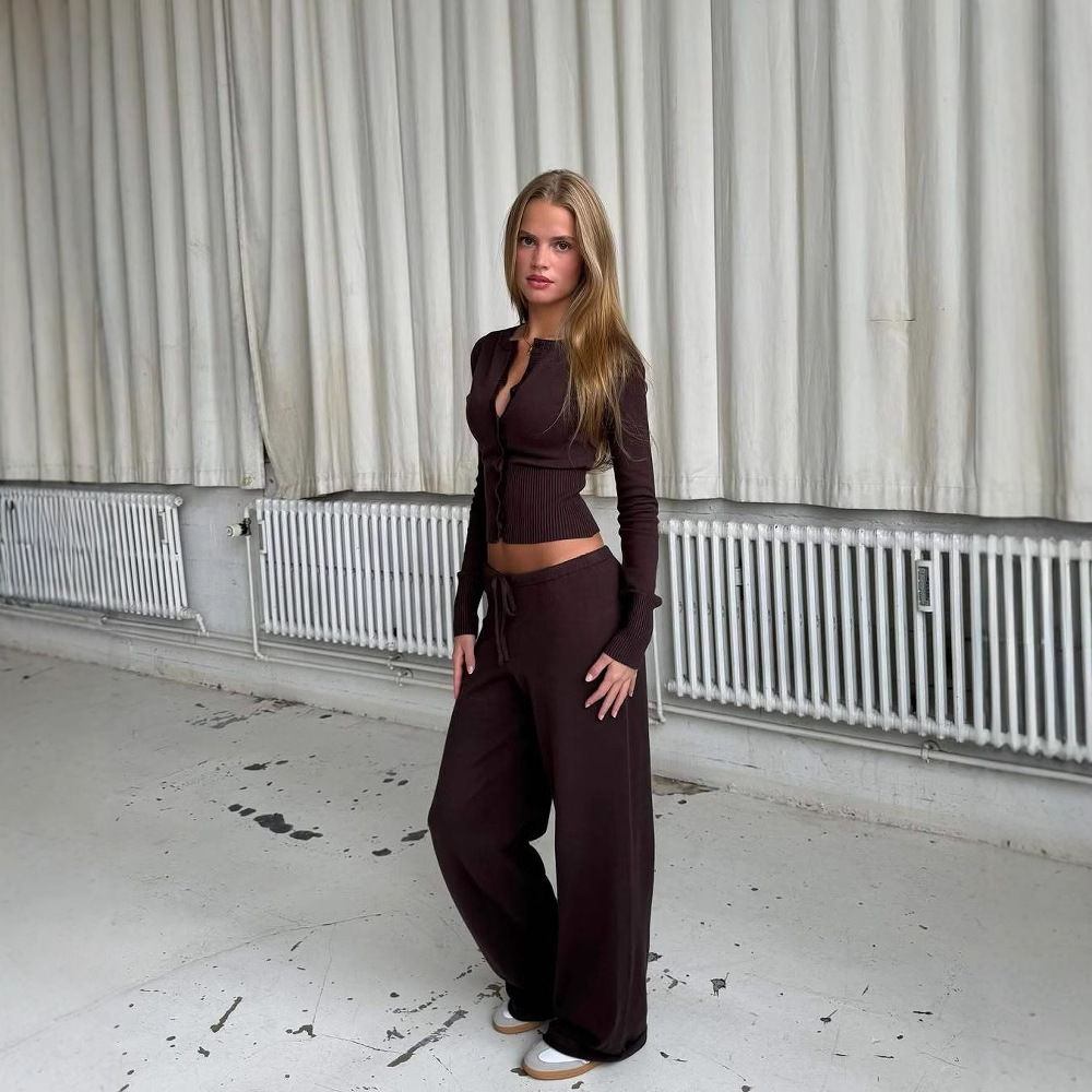 Pure Desire Knitted Slim-fit Buttoned Long Sleeve Low Waist Casual Trousers Two-piece Set - Image 4