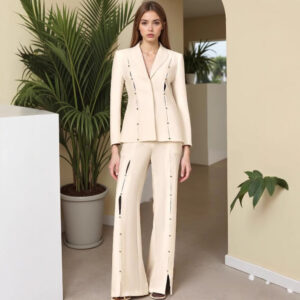 Metal Decorative Strip Embellished Design Trousers Slim Fit Long-sleeve Suit