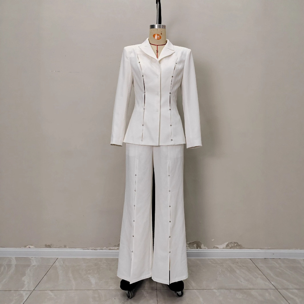 Metal Decorative Strip Embellished Design Trousers Slim Fit Long-sleeve Suit - Image 3