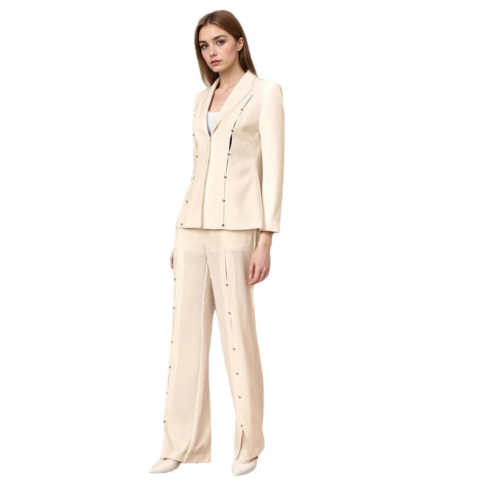 Metal Decorative Strip Embellished Design Trousers Slim Fit Long-sleeve Suit - Image 5