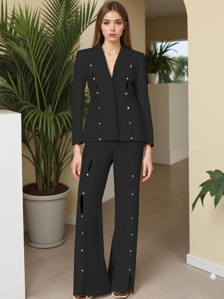 Metal Decorative Strip Embellished Design Trousers Slim Fit Long-sleeve Suit - Image 6