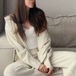 Loose Knitted Sweater Suit Women's Zipper Cardigan Outerwear Wide Leg Pants