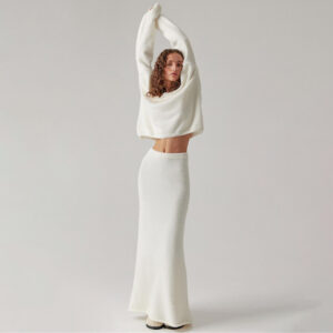 Simple Knitting V-neck Sweater Skirt Suit