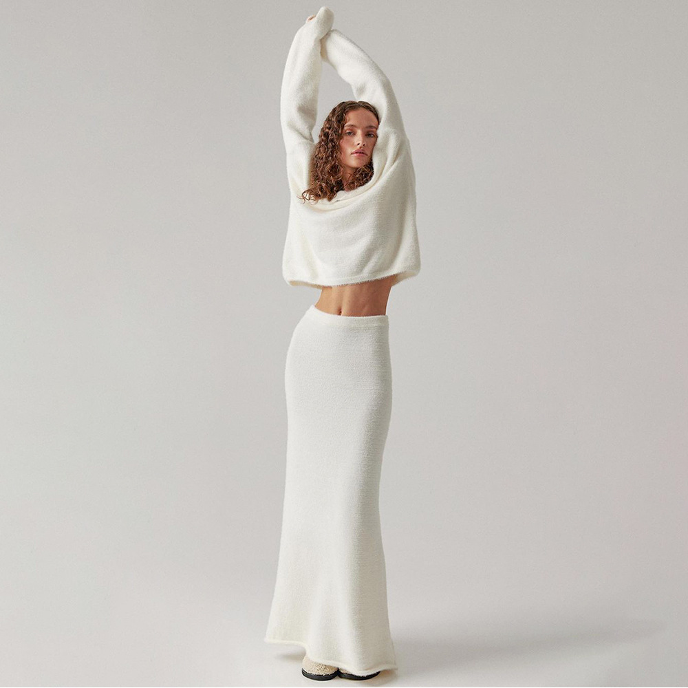 Simple Knitting V-neck Sweater Skirt Suit