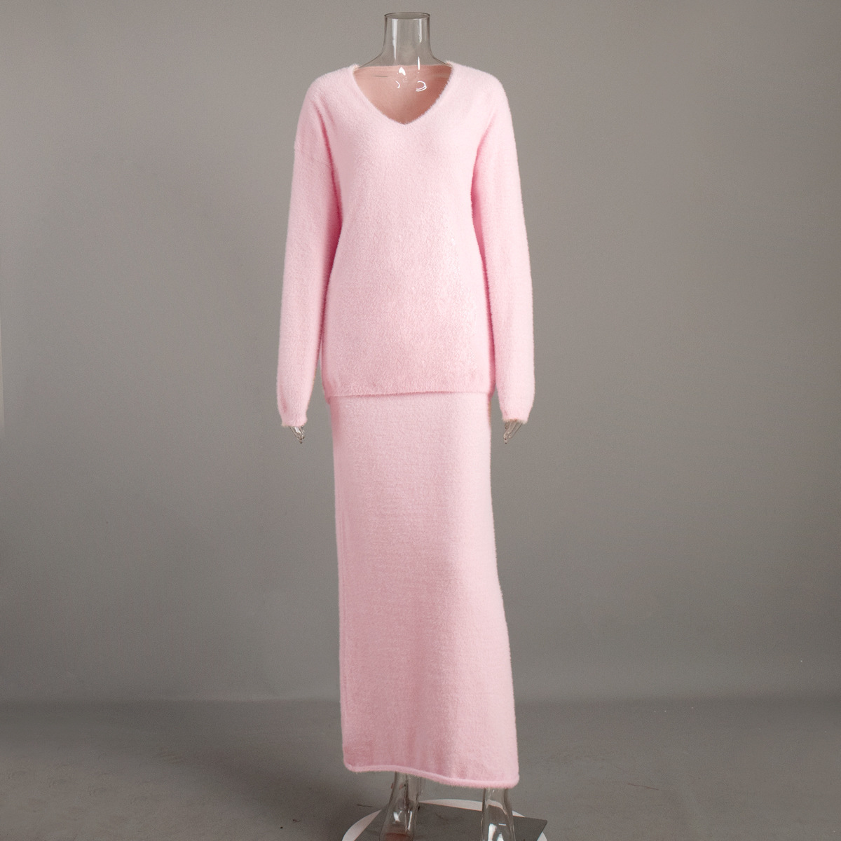 Simple Knitting V-neck Sweater Skirt Suit - Image 7