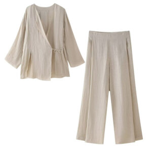 Women's Linen Split Coat Wide Leg Pants Suit