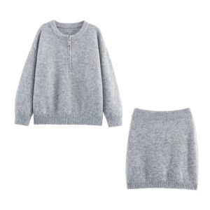Round Neck Half Long-sleeve Zipper Top Short Skirt Knitting Suit