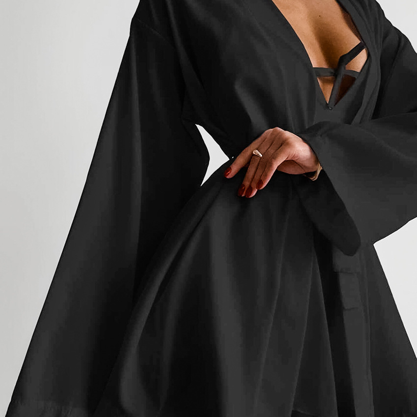 Chiffon Long-sleeved Sexy Underwear Slit Shorts Three-piece Pajamas - Image 3