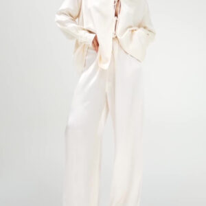 Cream Satin Tie-Front Top And Wide-Leg Pants Set