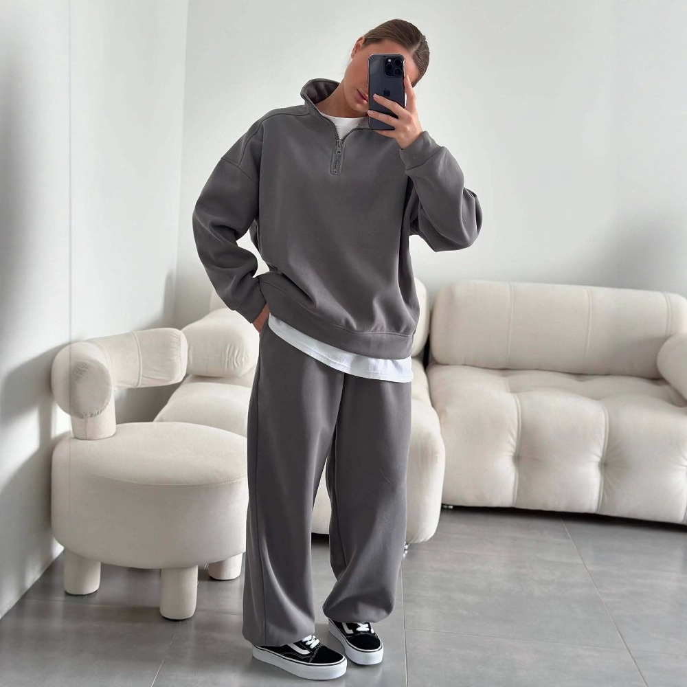 Fashionable Half-Open Collar Long-Sleeve Hoodie And Pants Casual Set