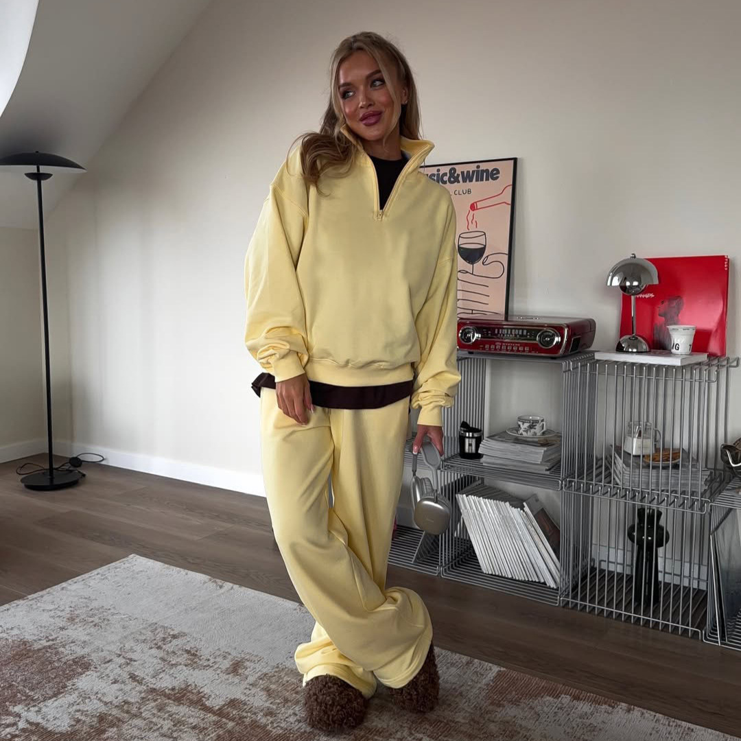 Fashionable Half-Open Collar Long-Sleeve Hoodie And Pants Casual Set - Image 2