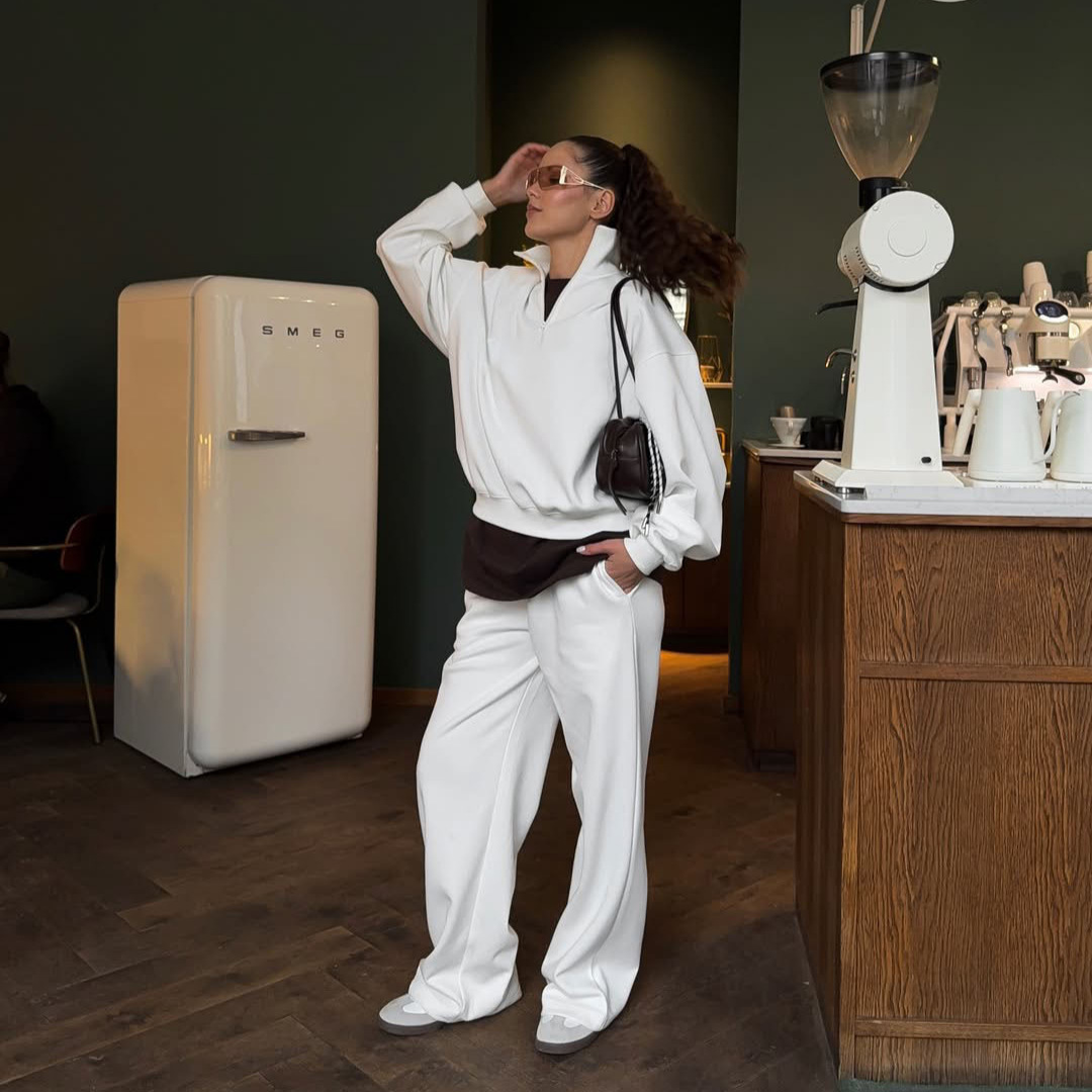 Fashionable Half-Open Collar Long-Sleeve Hoodie And Pants Casual Set - Image 3