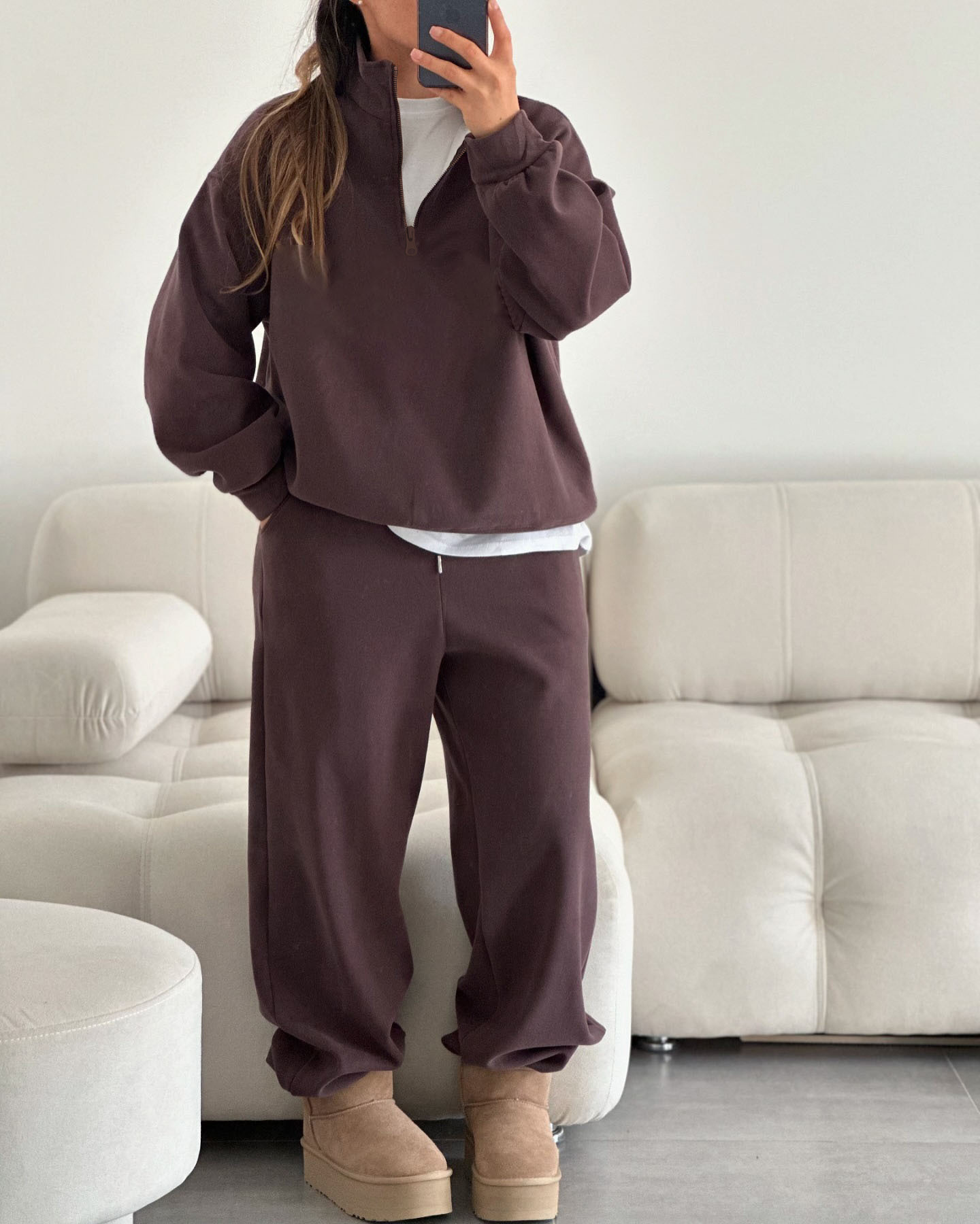 Fashionable Half-Open Collar Long-Sleeve Hoodie And Pants Casual Set - Image 10