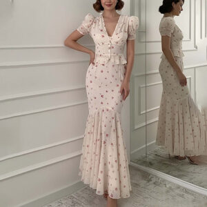 Women's Fashionable Casual Printed Short-Sleeve Long Dress Set