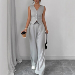 Elegant Button-front Sleeveless Vest And Trousers Set