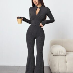 Zippered Ribbed Long-sleeve Flared Pants Yoga Set
