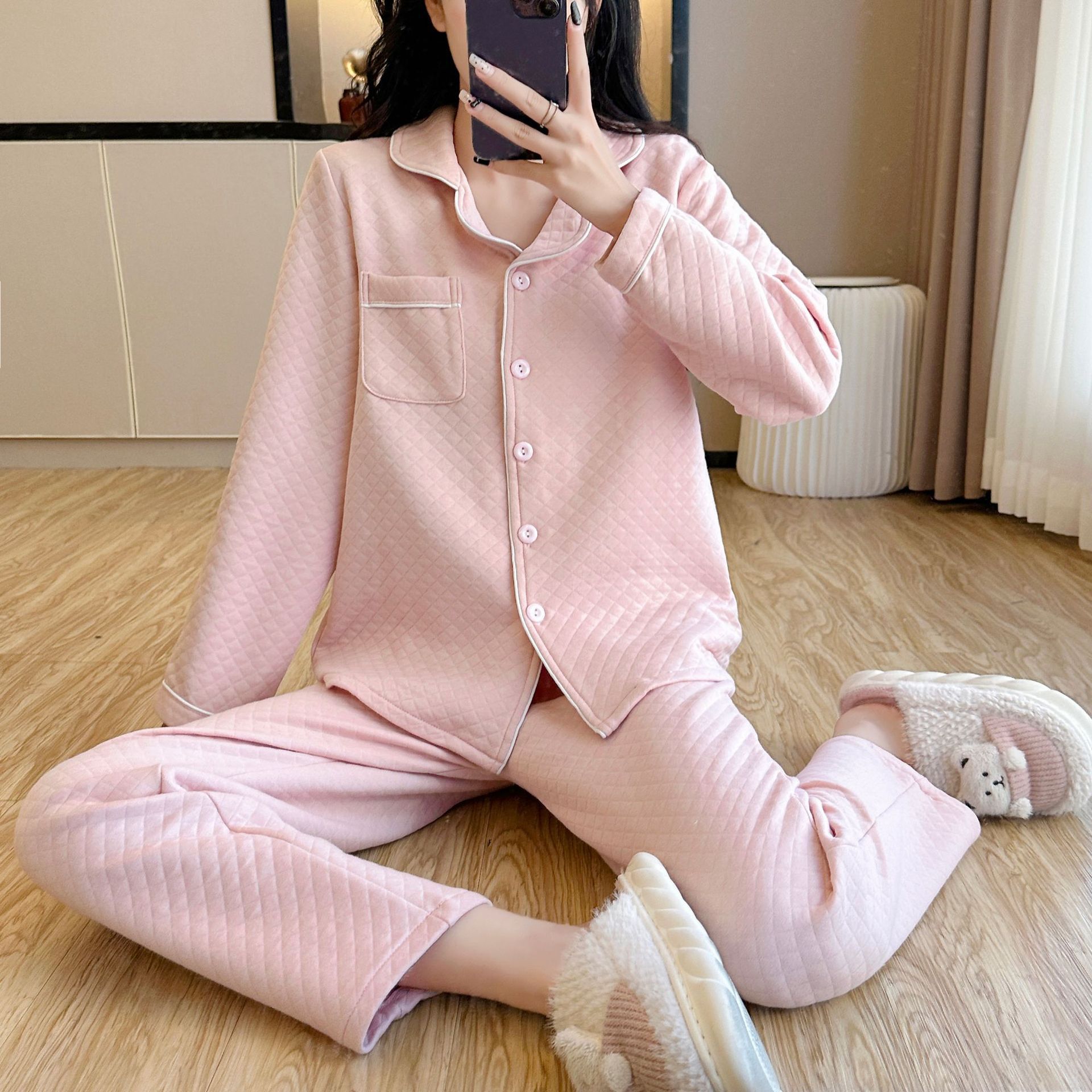 Womens Thickened Solid-Color AutumnWinter Loungewear Set With Long Sleeves - Image 3