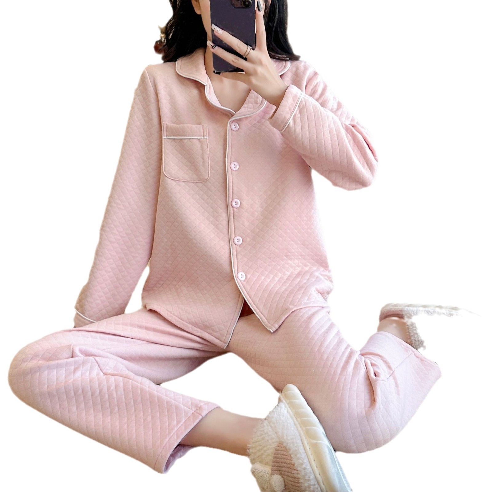 Womens Thickened Solid-Color AutumnWinter Loungewear Set With Long Sleeves - Image 7