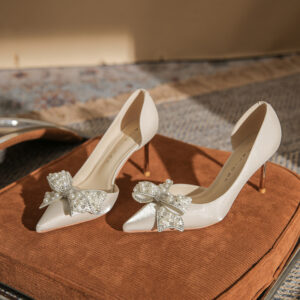 Women's Stiletto Heel Pointed Toe Side Empty Rhinestone Bow Pumps