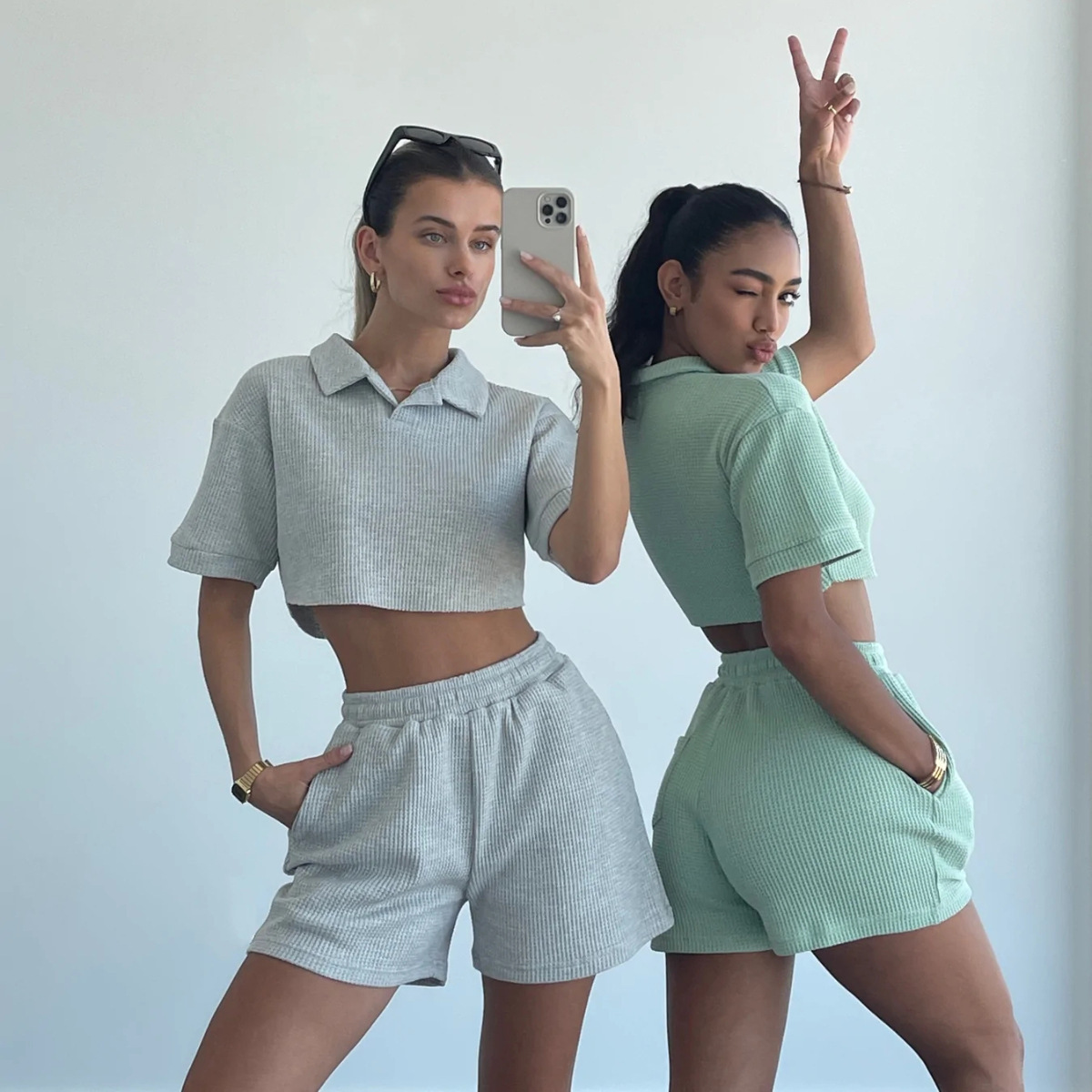 Women's Casual Polo Collar Short Solid Color Two-piece Set - Image 7