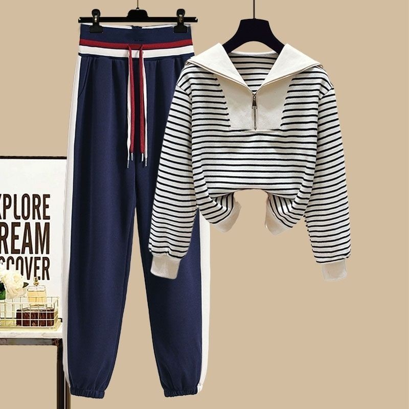 Sports Suit Spring Striped Sailor Collar Zipper Sweater - Image 2