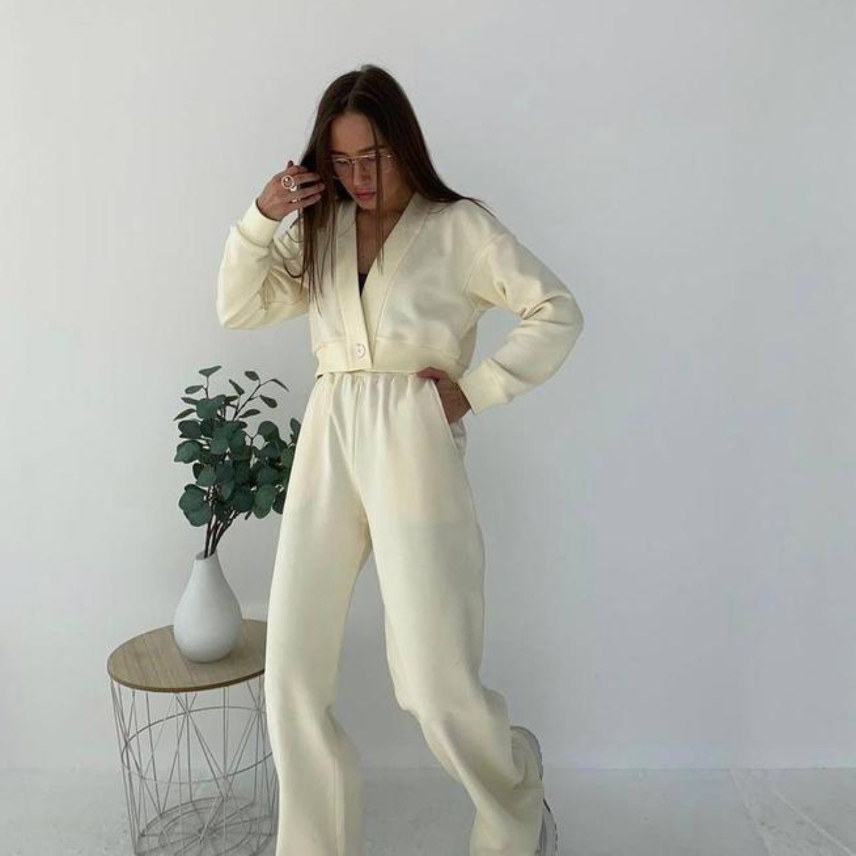 Solid Color Cardigan Long-sleeved Sweater Trousers Suit - Image 2