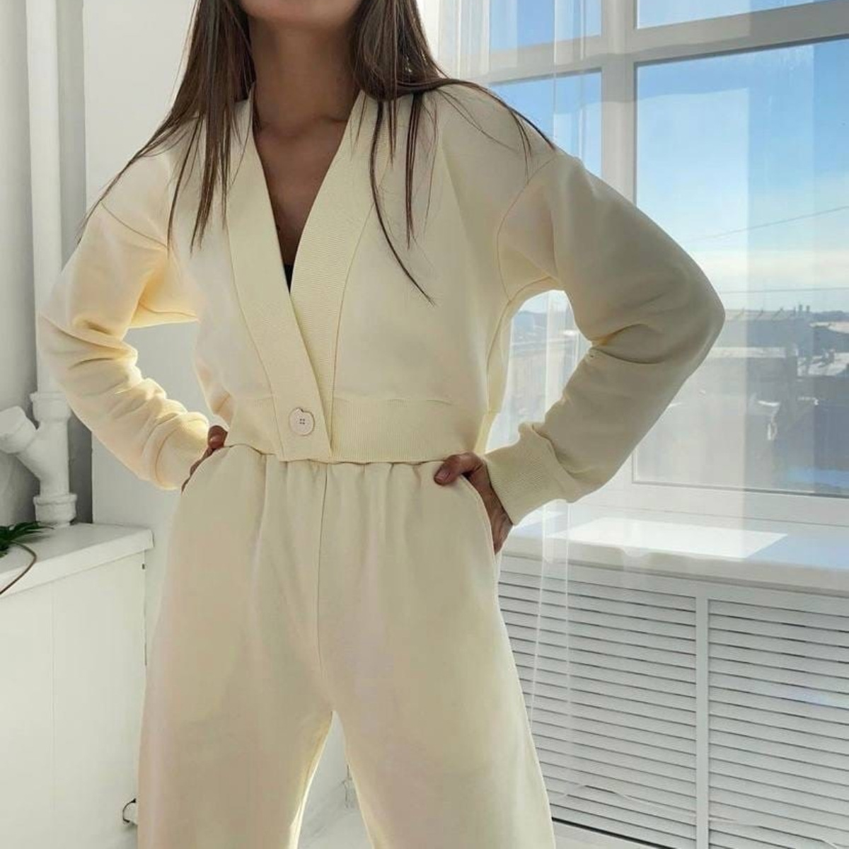 Solid Color Cardigan Long-sleeved Sweater Trousers Suit - Image 3