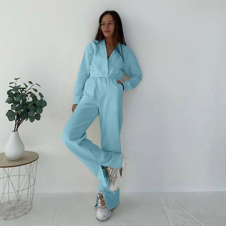 Solid Color Cardigan Long-sleeved Sweater Trousers Suit - Image 7