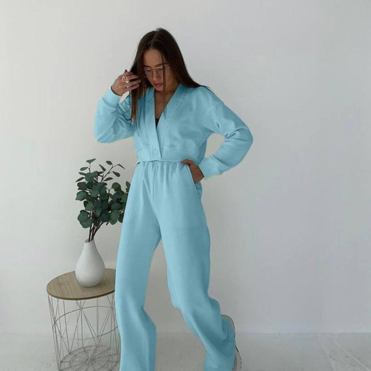 Solid Color Cardigan Long-sleeved Sweater Trousers Suit - Image 8