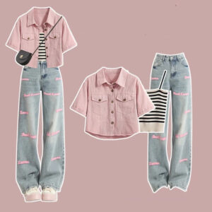 Color Denim Jacket Inner Suspender With Jeans Three-piece Set