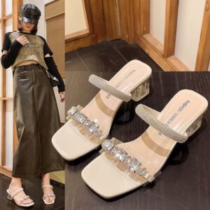 Plus Size Sandals And Slippers Women's Rhinestone Fashion Chunky Heel Shoes