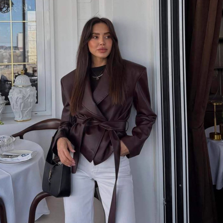 Women's Motorcycle Cool Strapped Temperament Leather Jacket - Image 4