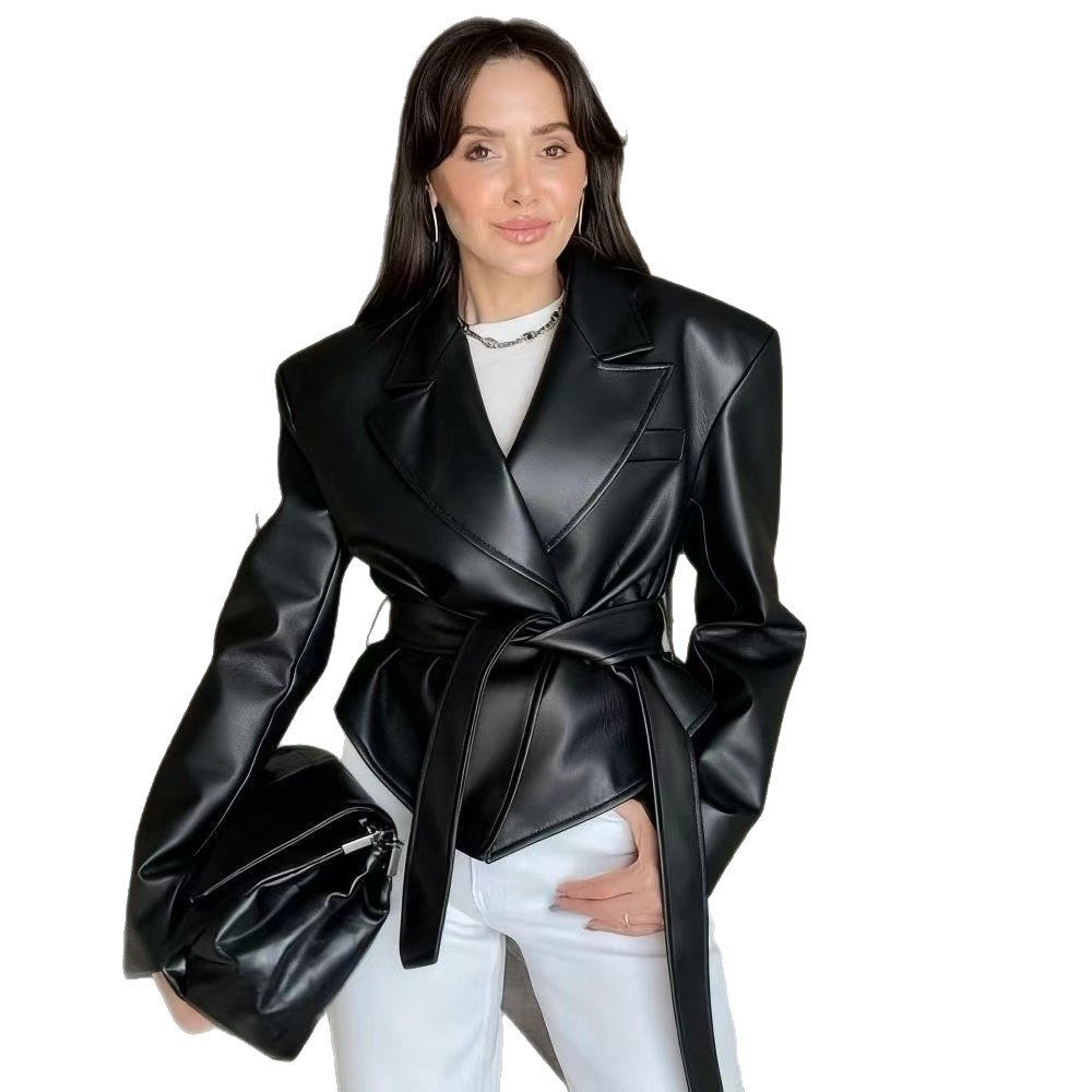 Women's Motorcycle Cool Strapped Temperament Leather Jacket - Image 5