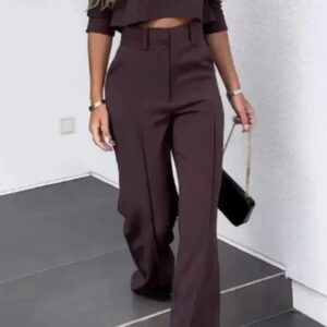 Women's Clothing Solid Color Commute Graceful Half Sleeve Midriff-baring Top High Waist Wide Leg Pants Suit