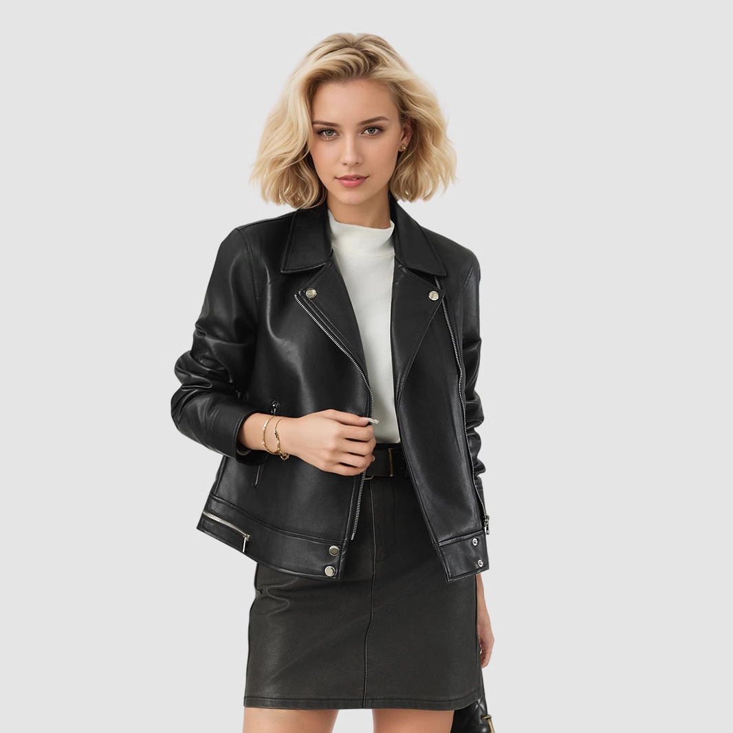 Women's Short Leather Jacket With A Turn-down Collar - Image 2